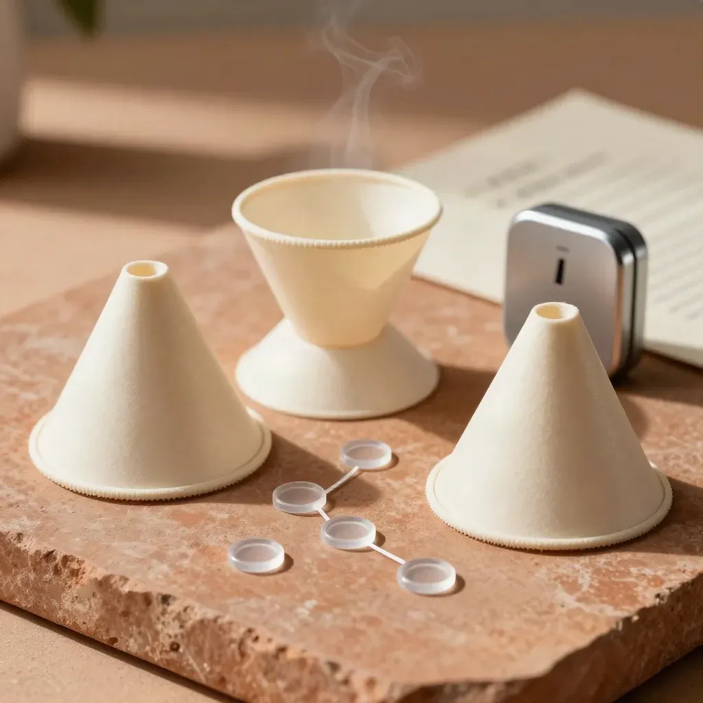Nested paper funnels, timer and clear tokens on stone in soft daylight.