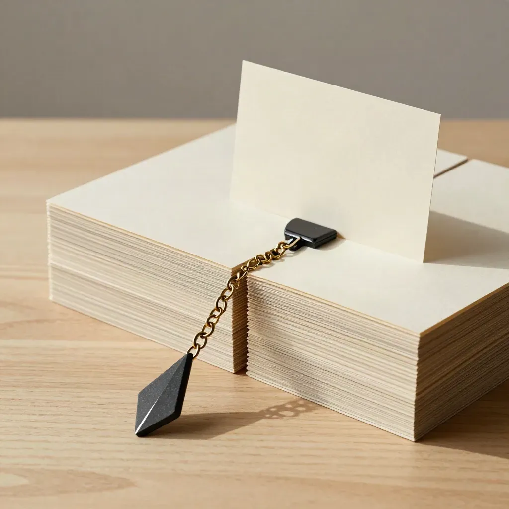 Overhead still life of split page cards, brass clip chain and black pointer on pale oak