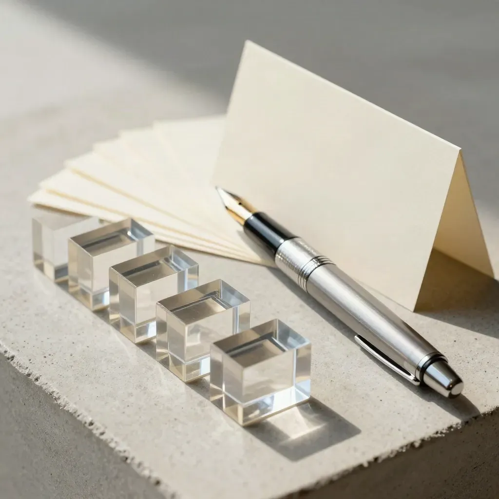 Acrylic message blocks, fountain pen, and blank note tabs on pale concrete