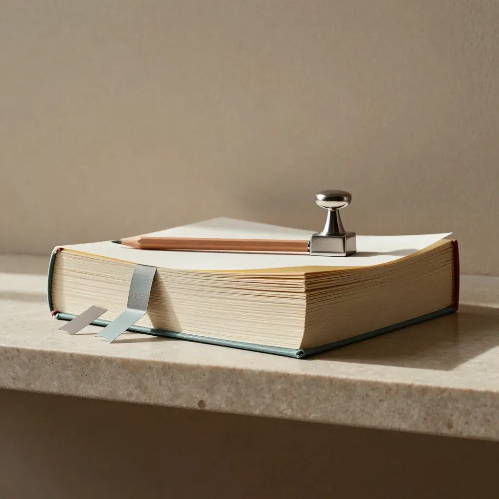 Stone shelf still-life with bound pages, ribbons, pencil stub and page weight in soft side light.