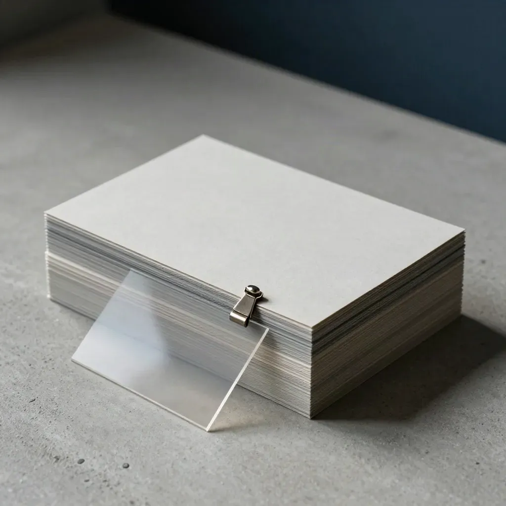 Proof stacks with acetate overlay and metal clip on concrete in soft daylight.