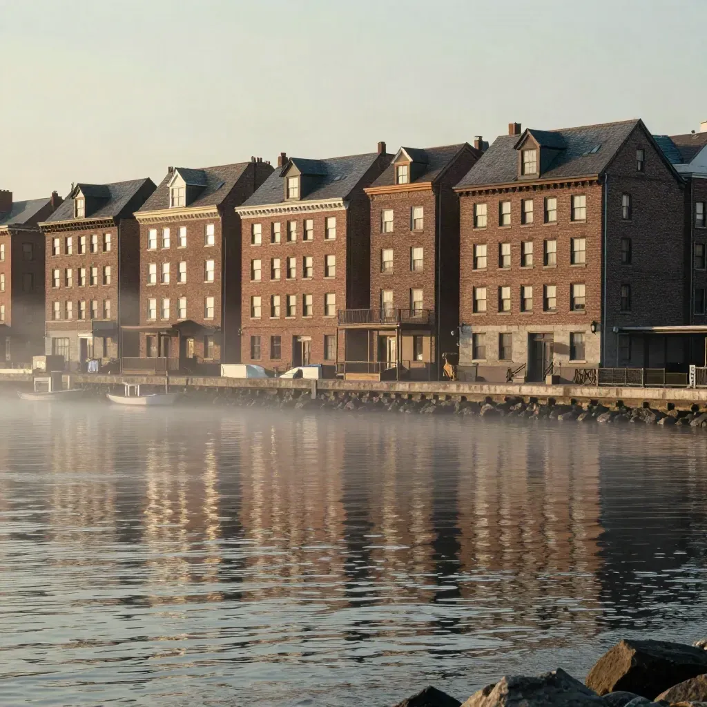 Brick waterfront skyline with brownstones and harbor reflections in warm evening haze.