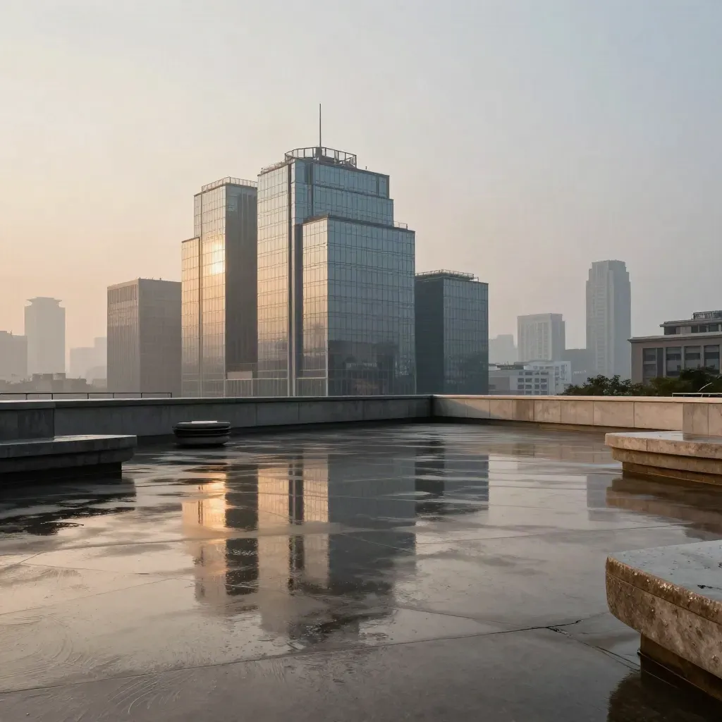 Rain-cleared city skyline above a wet reflective plaza at dusk