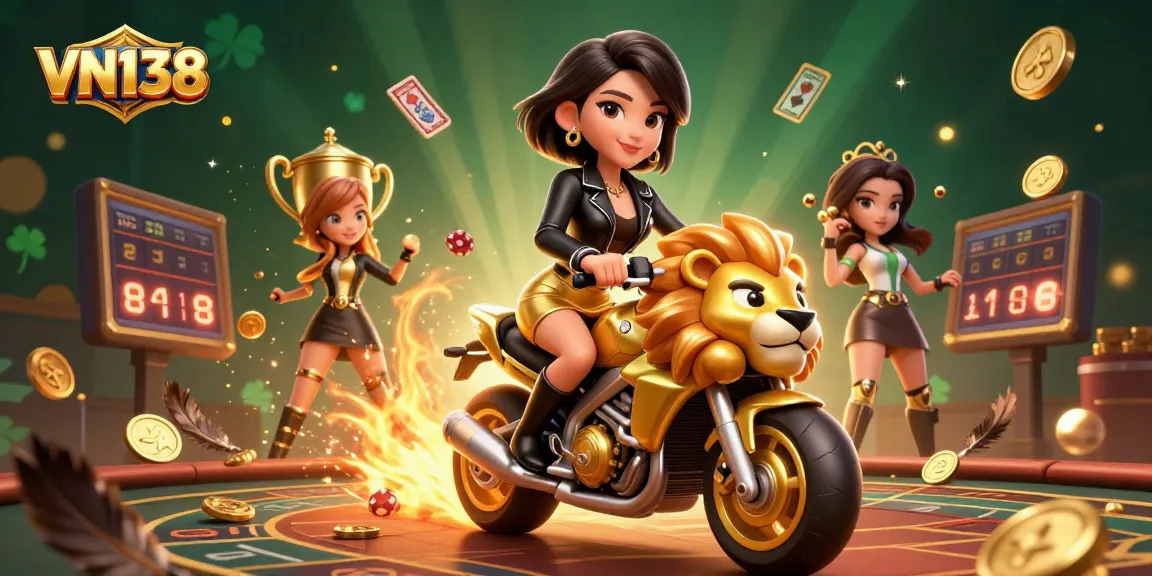 Experience thrilling action at VN138 with a glamorous character riding a lion mascot in a vibrant gambling scene.