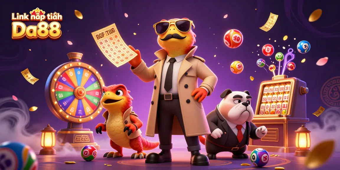 Link nạp tiền Da88 with raptors in a trench coat entering a casino lounge, vibrant lottery elements.