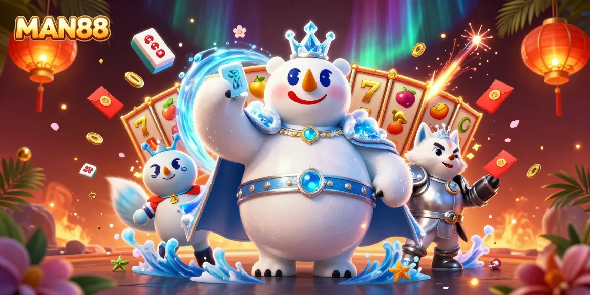 Experience winning excitement at MAN88 with vibrant slots and 3D characters in a rich casino atmosphere.