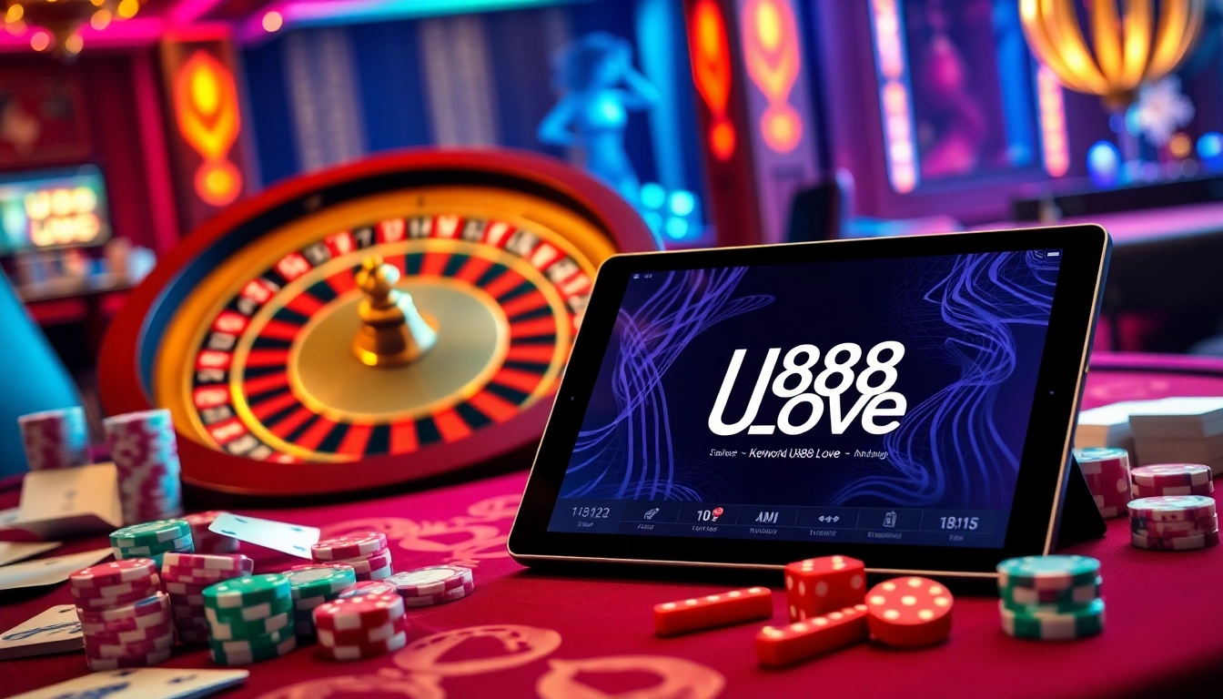 Experience the excitement of U888 Love while betting on a vibrant roulette wheel and poker table.