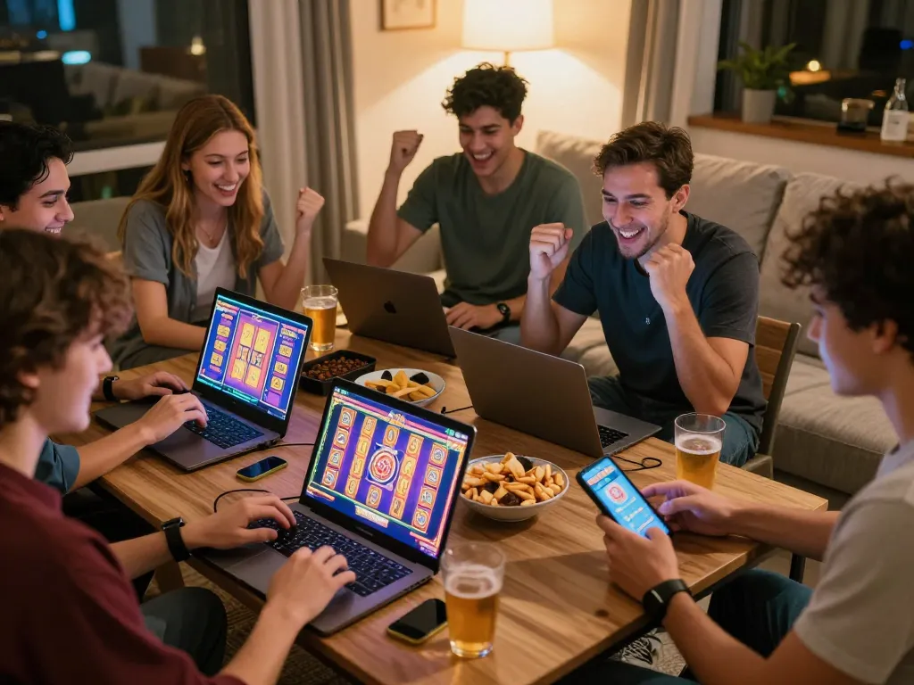 Friends celebrating a slot win during a home gaming session with vibrant screens