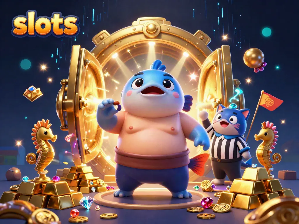 Experience thrilling slots action with a fugu and catfish referee in a vibrant underwater casino scene.