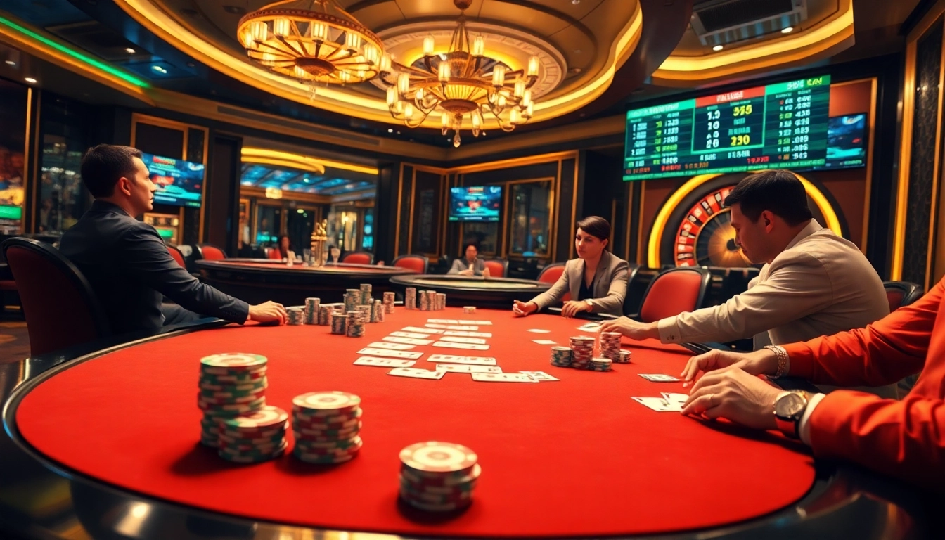 Players enjoying a thrilling poker game at a luxurious casino table featuring 789f-inspired betting odds.