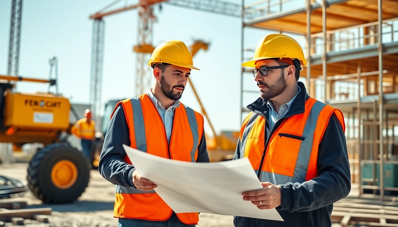 Engaged professionals in a construction career discussing plans on-site.