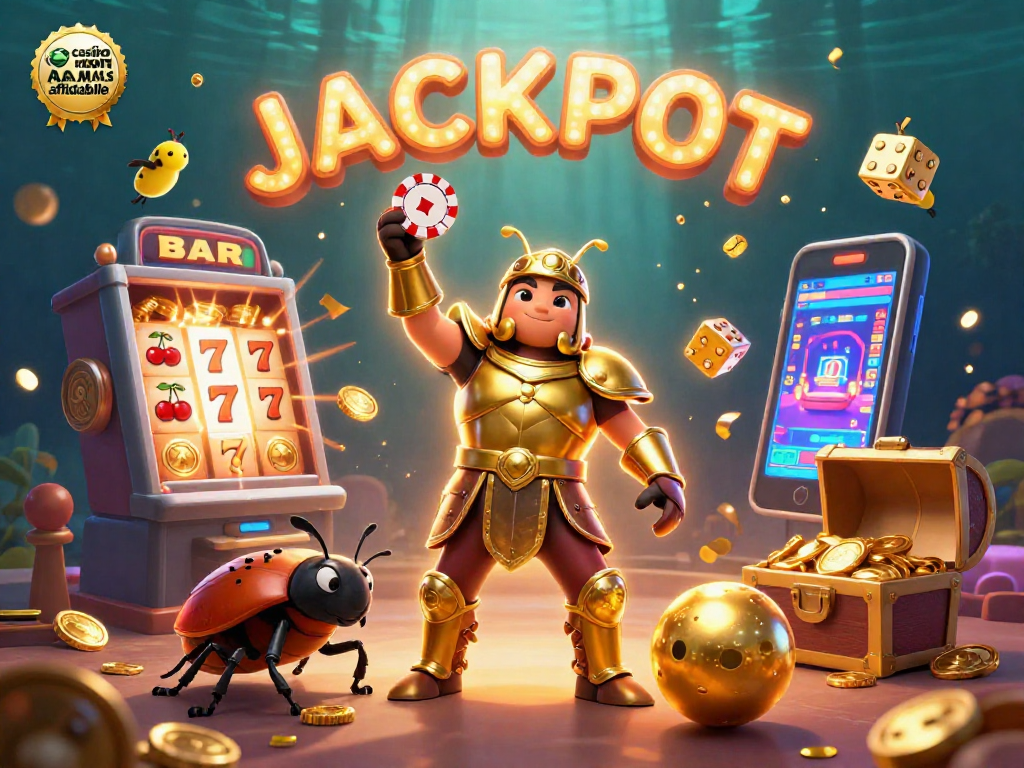 Visualizzazione di un 'casino non AAMS affidabile' con un coleottero herculeo e simboli di gioco volanti, immagini dinamiche e colorate.