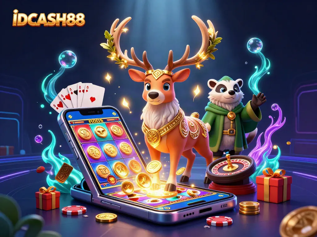 Spin to win with IDCASH88 showcasing an enchanting gaming experience with slots and mystical characters.