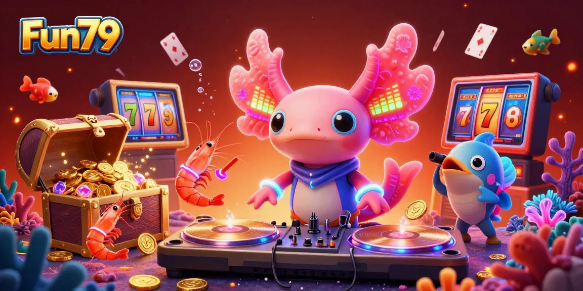 Experience the vibrant fun of Fun79 with a neon axolotl DJ and immersive casino elements.