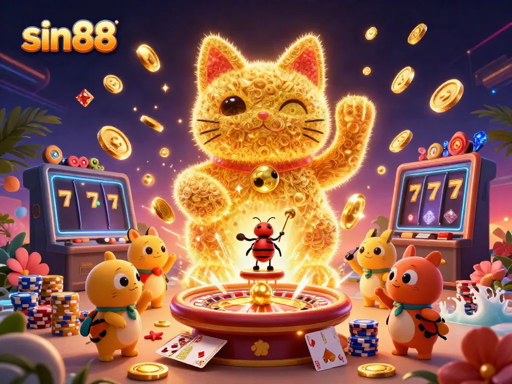 Experience the thrill of sin88 with a dynamic 3D illustration showcasing a lucky cat amidst casino symbols and sparkling treasures.