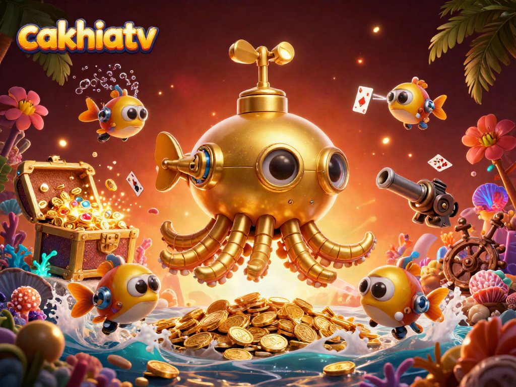 Engage in thrilling gameplay with cakhiatv as the golden kraken submarine emerges amidst treasures.