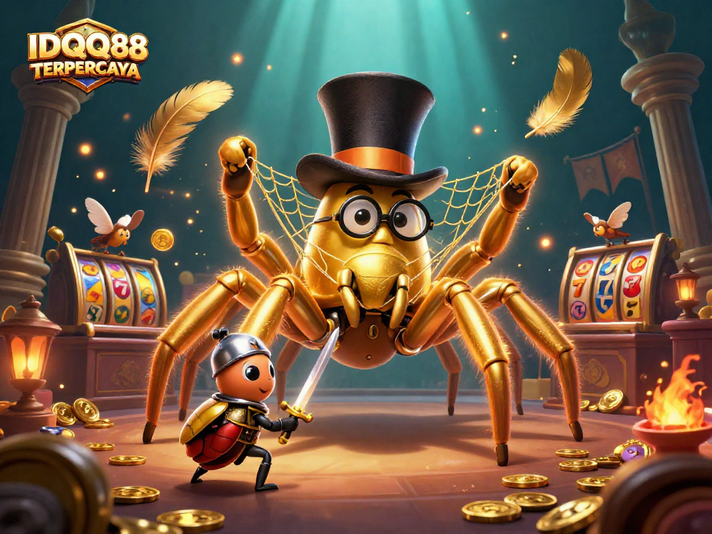 IDQQ88 TERPERCAYA showcases a dynamic casino scene featuring a golden tarantula and a beetle knight.