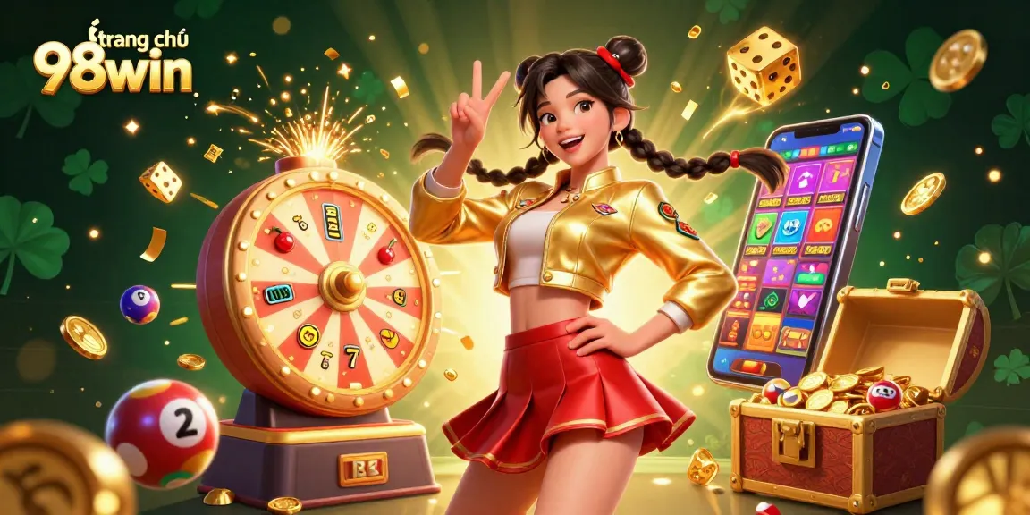 Engage with the thrill of trang chủ 98win, featuring a vibrant illustration of casino elements and excitement.