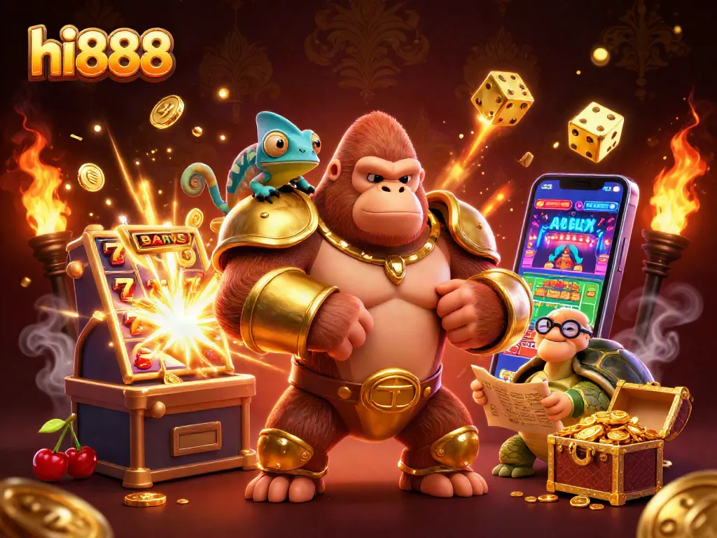 Experience thrilling gameplay at hi888 with an energetic scene of a golden-armored gorilla amidst vibrant casino elements.
