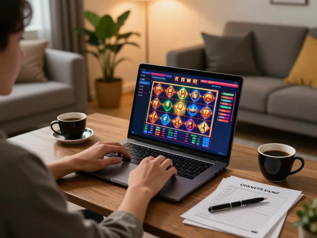 Engaging in online casino gaming with tr88s on a laptop, surrounded by a cozy living room.