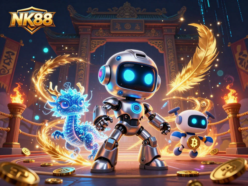 Engage with NK88's thrilling 3D gaming experience featuring a cyberpunk robot and a bitcoin drone.