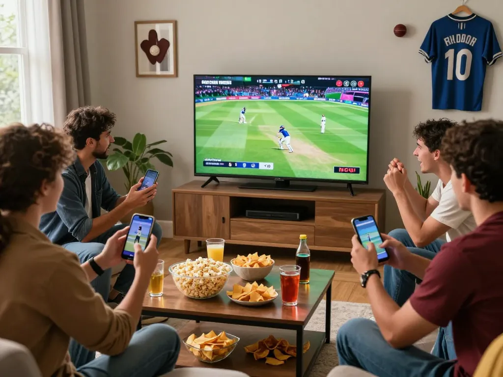 Friends enjoying a lively cricket match while engaged in crickex download on their smartphones in a cozy living room.