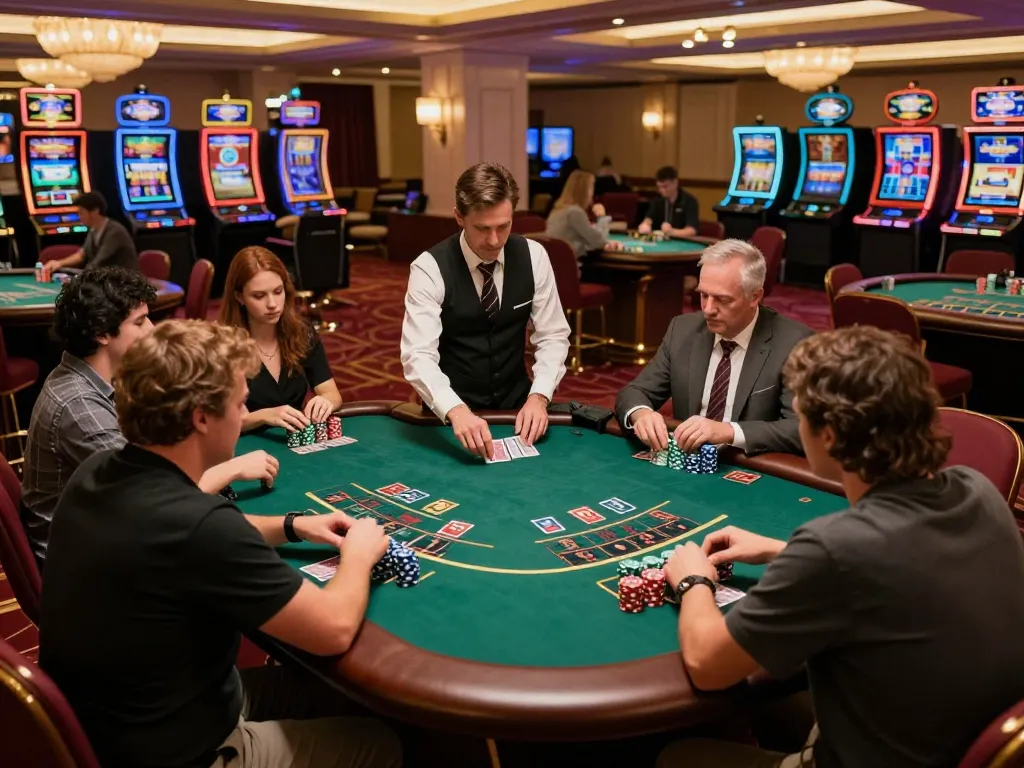 Players engaging in an intense blackjack game at fly88 com's upscale casino, vibrant atmosphere and dealer action.