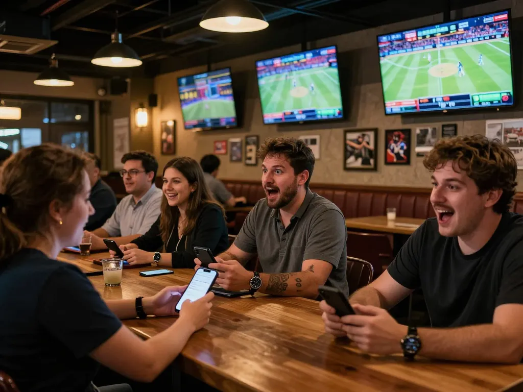 Engaged patrons placing bets in a lively sports bar, showcasing nhà cái cá cược uy tín in an exciting atmosphere.