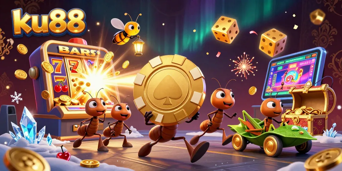 Experience the thrill of ku88 with our illustration of a golden poker chip heist by a cartoon ant team.