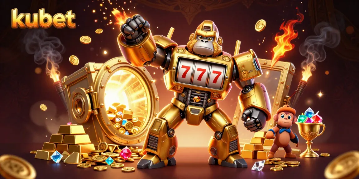 Experience the thrill of kubet with dynamic gaming action featuring golden gorilla mech and treasure!