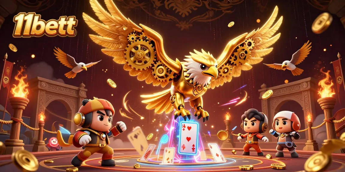 Experience thrilling gameplay with 11bett, a dynamic scene featuring a golden eagle and holographic cards.