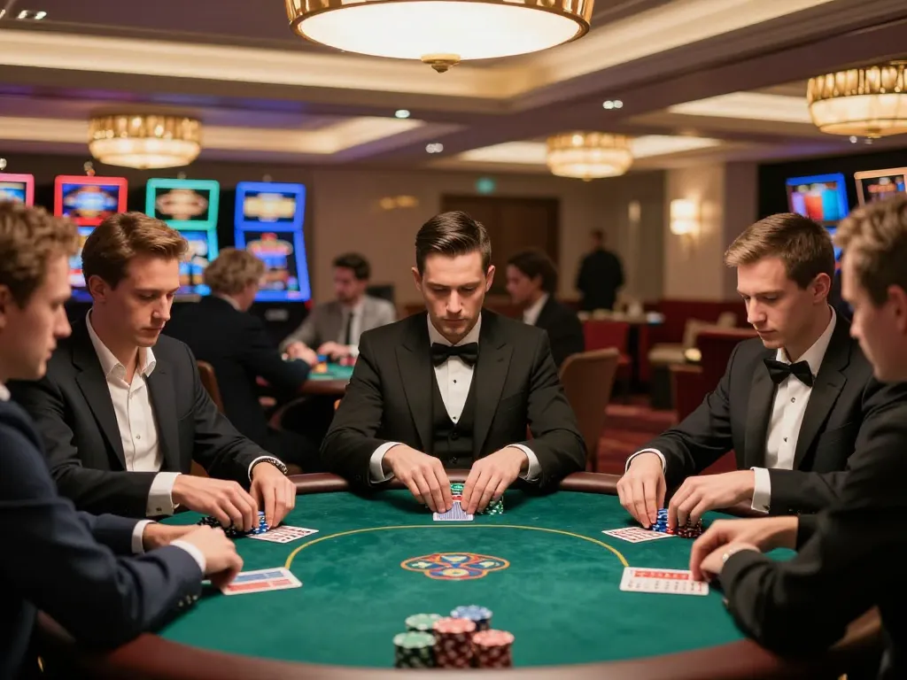 Players strategizing in a poker game at an upscale casino, showcasing 88aa gameplay action amidst vibrant ambiance.