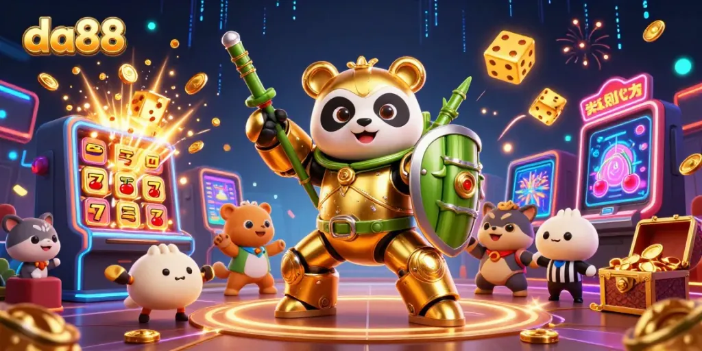 Experience thrilling gaming action with da88 in this vibrant 3D illustration of a golden panda mech-suit.