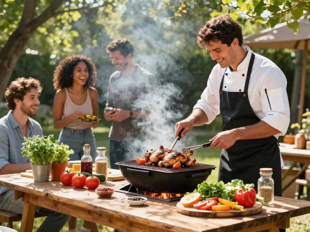 Grilled chicken and fresh vegetables during a backyard barbecue with rokok88 login integration.