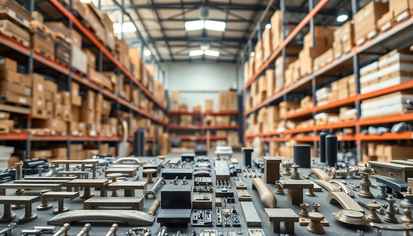 Showcase of various hardware accessories by a furniture hardware supplier in a warehouse setting.