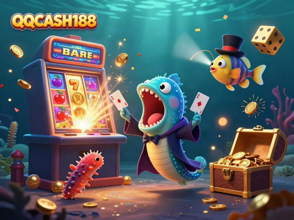 Experience the thrill of QQCASH188 with an enchanting underwater casino scene filled with vibrant gaming elements.