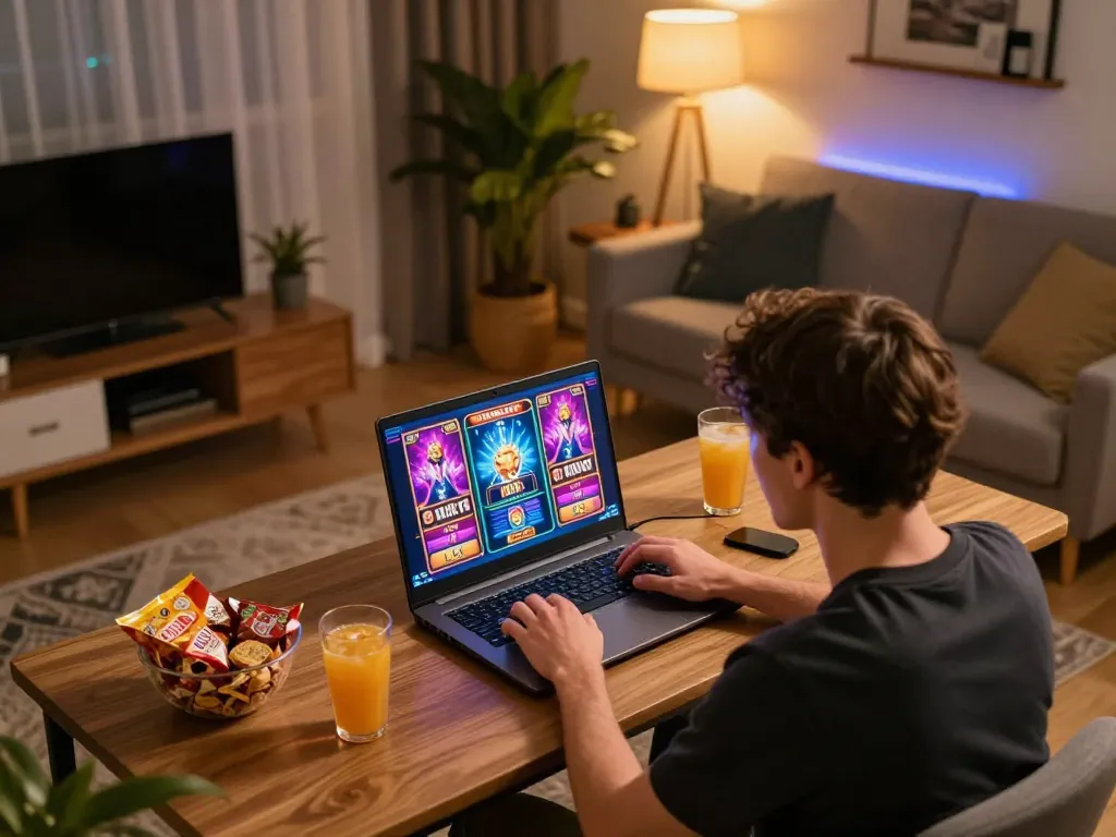 Player enjoying online slots on 3win in a cozy home setting, showcasing responsible gambling.