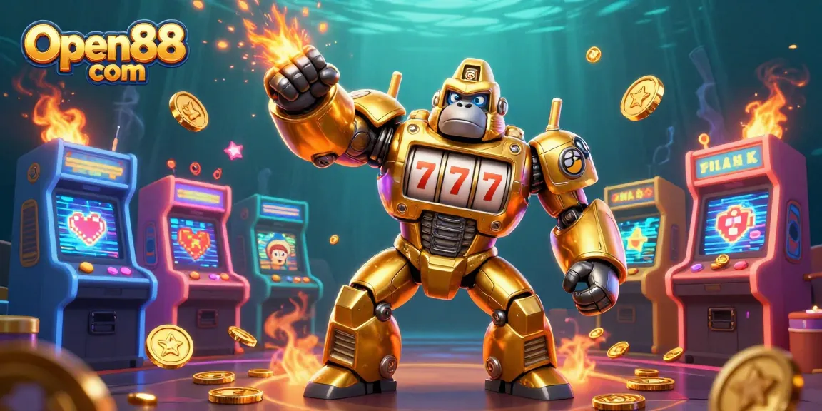Experience exciting gaming adventures with Open88 com’s vibrant 3D casino illustration featuring a golden gorilla mech and arcade games.