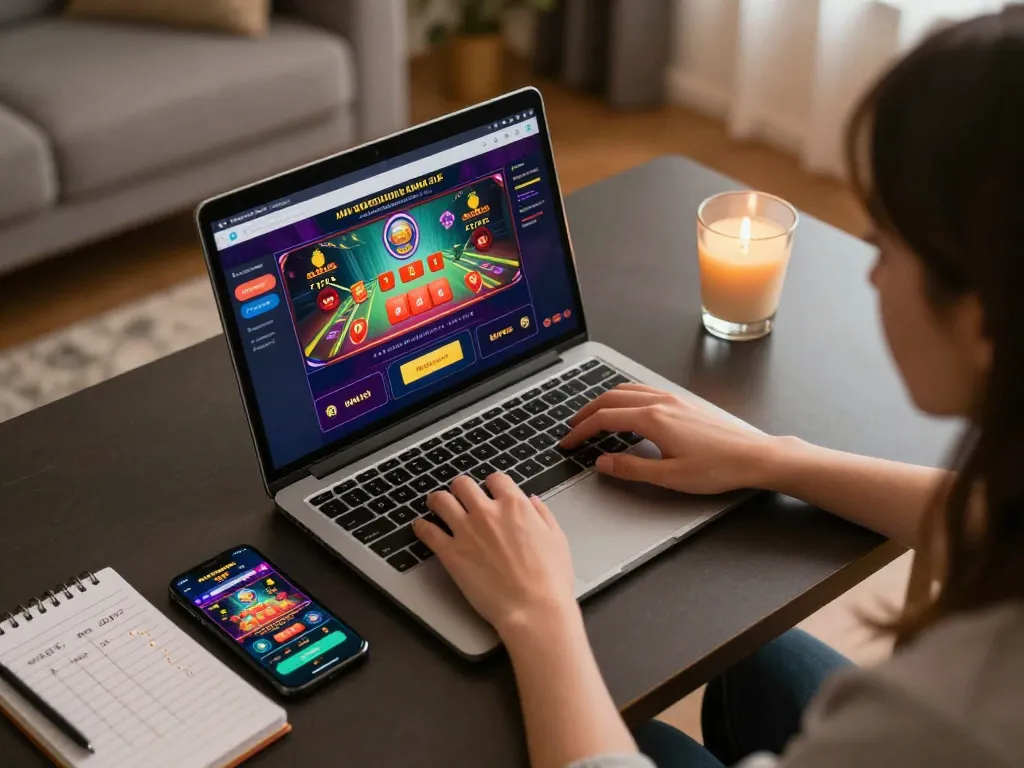 Player engaging with tx88 online casino app while reviewing betting strategies in a cozy home setting.
