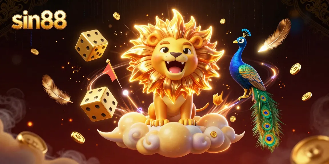 Experience thrilling gameplay with sin88 as a sun lion roars atop golden clouds in this vibrant casino scene.