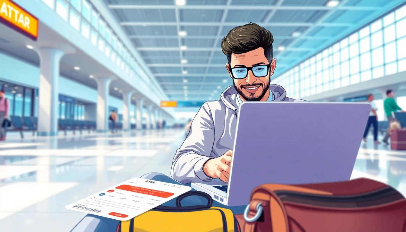 Young traveler filling out the eta application uk at the airport with excitement.