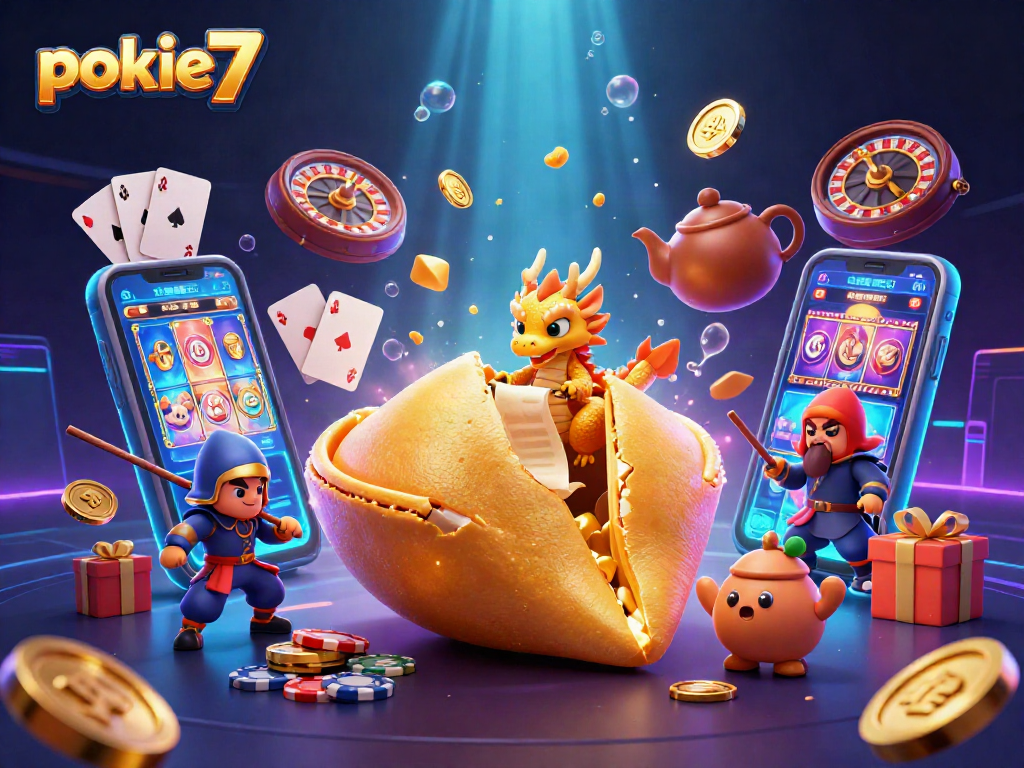 Engage with pokie7 treasures as a wise dragon reads fortunes, surrounded by gold and slot games.