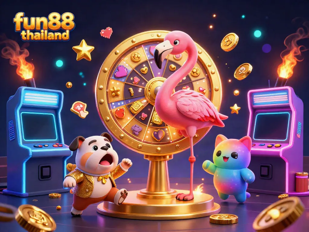 Fun88 Thailand animated scene showcasing excitement with a flamingo game show host and a bulldog contestant.