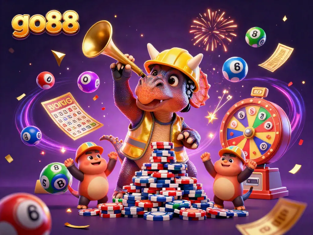 Experience the thrill of go88 with a vibrant casino scene featuring a triceratops, poker chips, and lottery elements.