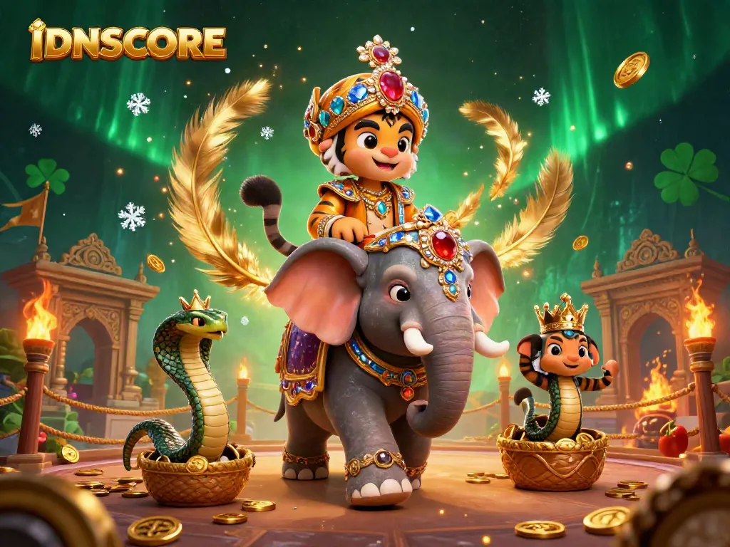 Experience the thrill of IDNSCORE with an enchanting 3D illustration of a regal maharaja and his elephant in a dynamic casino setting.