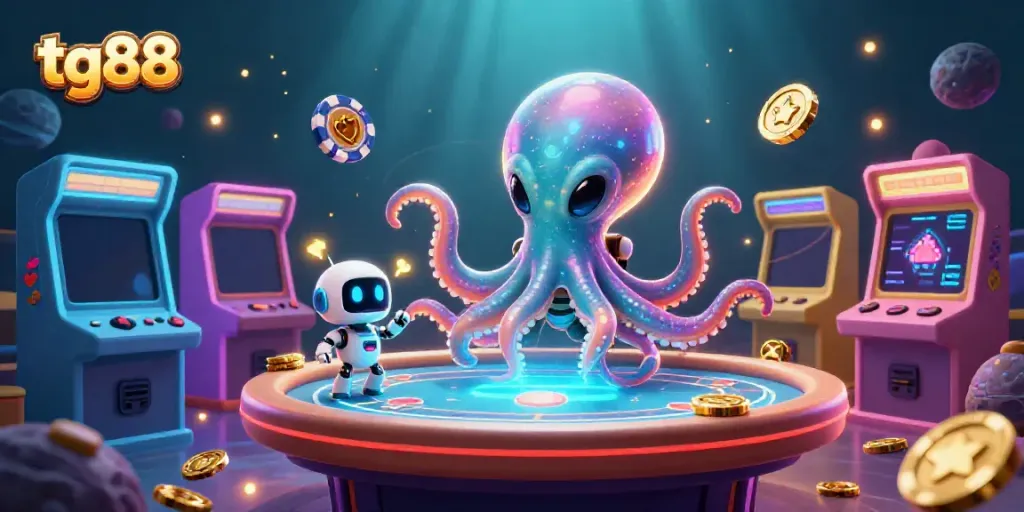Experience thrilling casino interactions with tg88 featuring an alien octopus at a poker table.