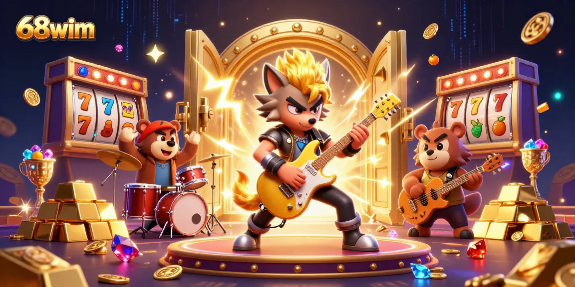 Experience the thrill of 68wim with a 3D rock star wolf and vibrant casino elements in action.