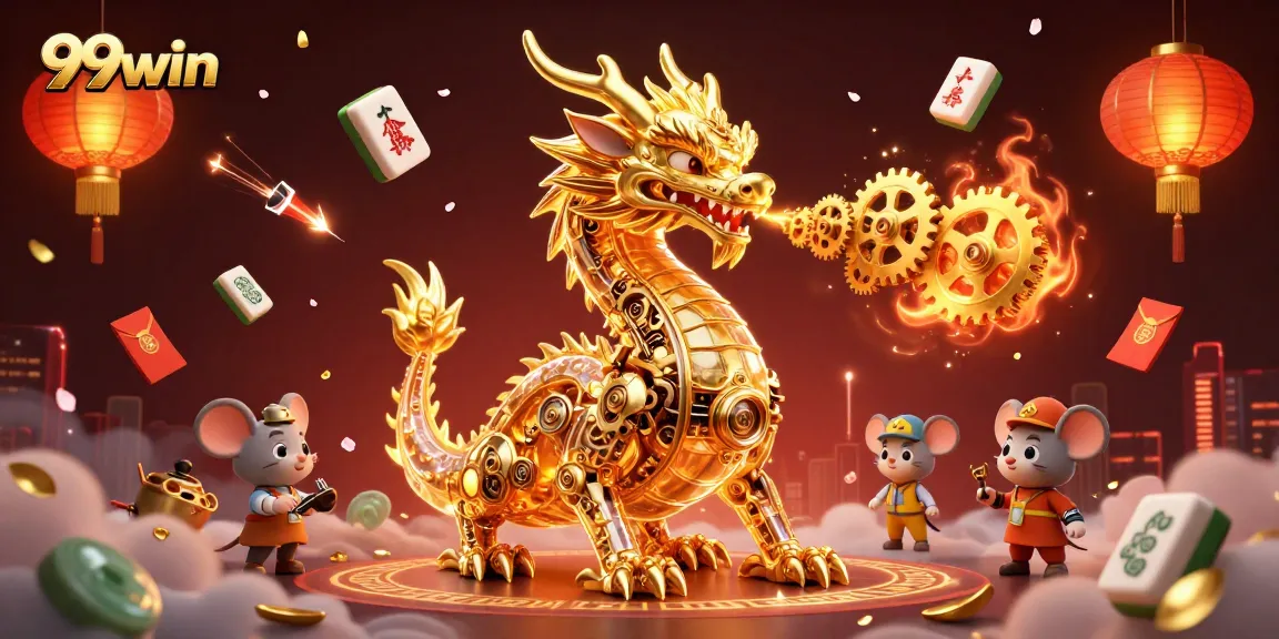 Experience the excitement of 99win with a golden dragon amidst vibrant casino elements.