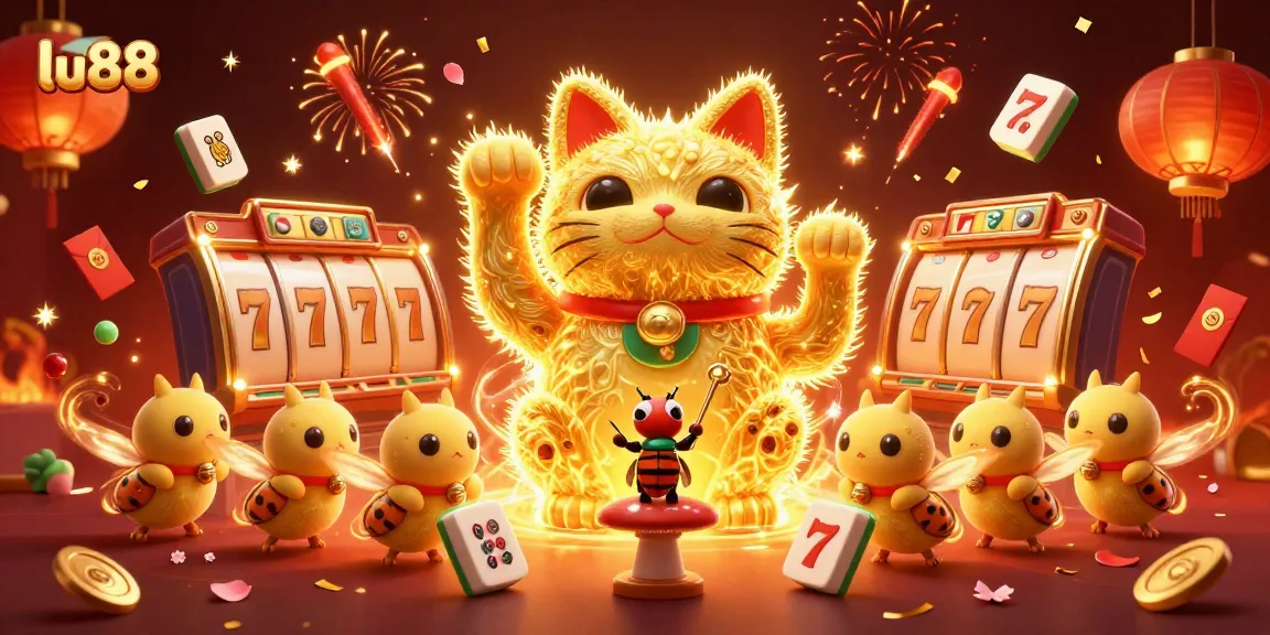 Engage with lu88's vibrant casino scene featuring a golden lucky cat and dynamic casino symbols.