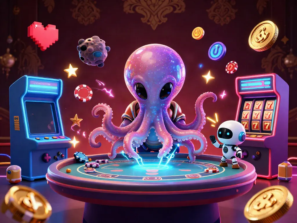 Engage with LGOLUX's thrilling alien casino experience featuring a holographic poker table and dynamic arcade elements.